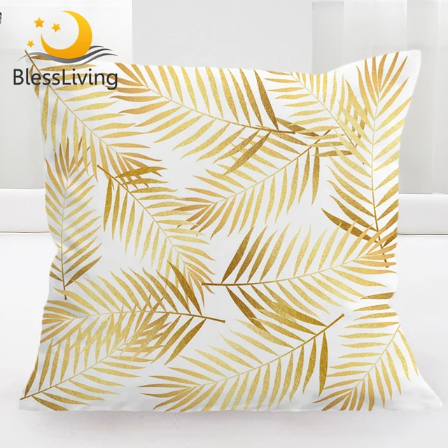 BlessLiving Palm Leaf Cushion Cover Tropical Floral Botanic Pillow Case Gold White Pillow Cover Coastal Life Havana Funda Cojin 1