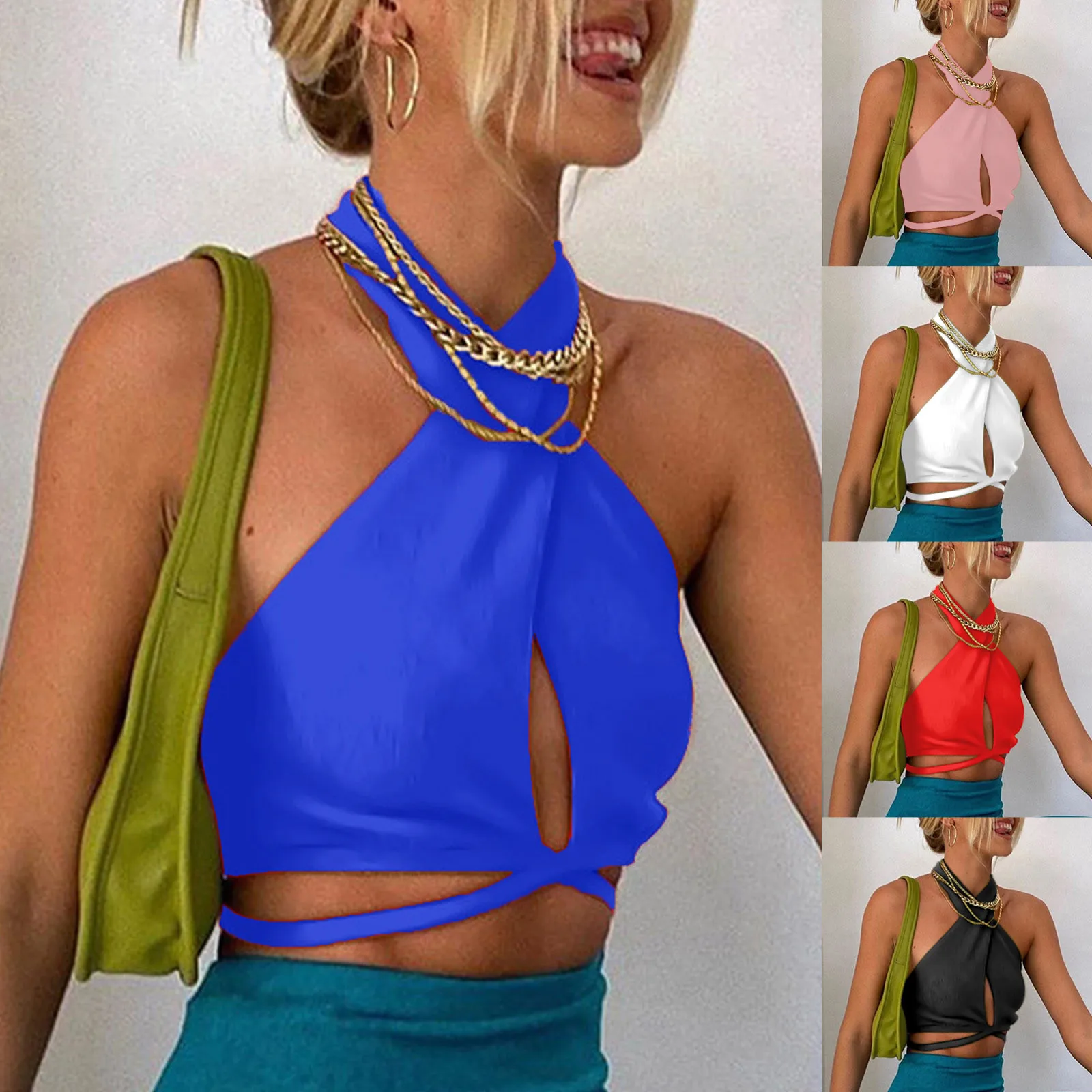 

2021 Summer Halter Crop Tops Women's Sexy Bandage Halter Crop Tank Solid Sleeveless Backless Lace Up Tops Streetwear
