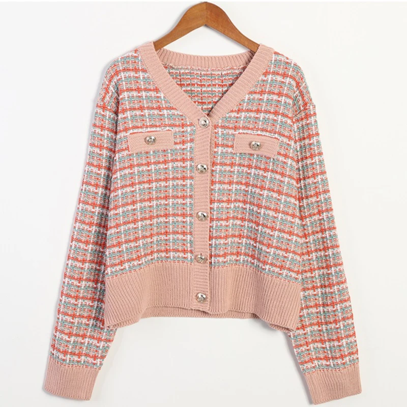 

Pink V-neck Single-Breasted Loose Cardigan Women 2021 Spring Wild Contrast Color Striped Coarse Flower Knitted Sweater Female