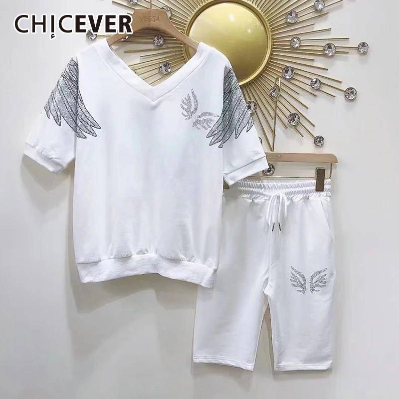 

CHICEVER Casual Two Piece Set For Women V Neck Short Sleeve T Shirts High Waist Loose Short Pants White Sets Female 2021 Clothes
