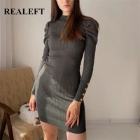 realeft 2021 new autumn winter knitted wrap dresses high waist puff sleeve chic buttons sheath bodycon sexy midi sweater dress