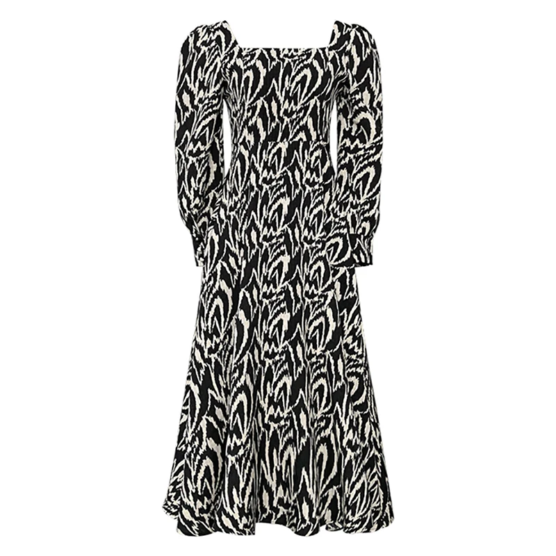 

Sister Fara New Spring 2021 Women Square Collar Striped Dress Female Chic Loose Mid-Calf Skirt Autumn Office Lady Pullover Dress