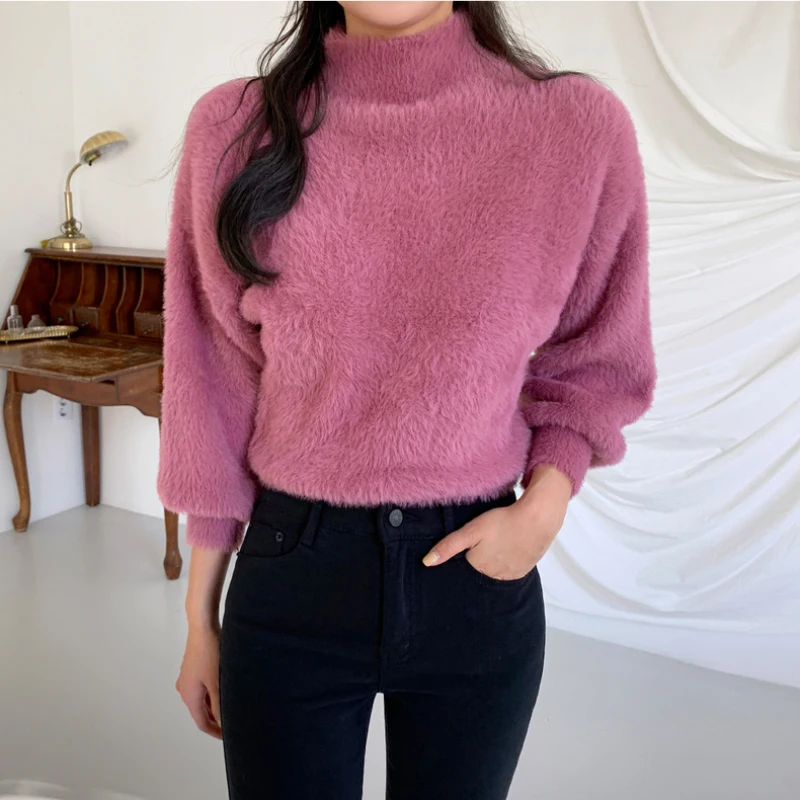 JMPRS Pullover Women Short Sweater Fashion Hairy Lantern Sleeve Autumn Female Jumper Knit Casual Korean Style Ladies Black Tops | Женская