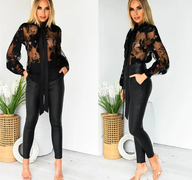 

Cultiseed Women Sexy Embroidered Mesh Shirts Blouses Tops Female Lace Flower Nightclub Party Shirts Ladies Fashion Bow Belt Tops