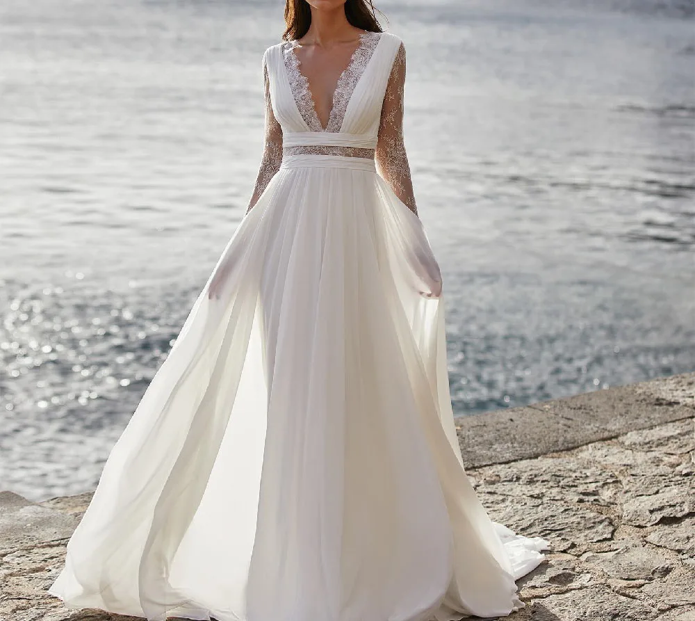 

V Neck Long sleeve perspective Lace Zipper Button Chiffon Custom Made wedding dresses Sexy Wedding gown