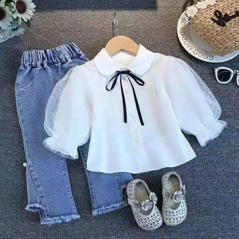 Girls Clothes Set New Shirt Korean Childrens Baby Shirt Jeans 2-Piece Girl Princess Base Shirt Set Spring and Autumn Kids Suit