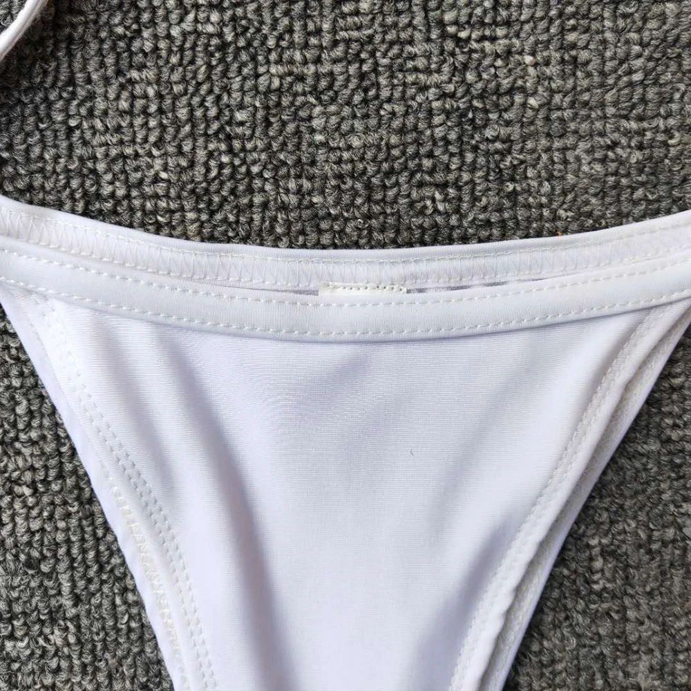 

2020 New Solid White Lace Swimsuit Two Pieces Ruffle Bikinis Set Sexy Brazilian Female Halter Micro Bra Thongs Beach Swimwear