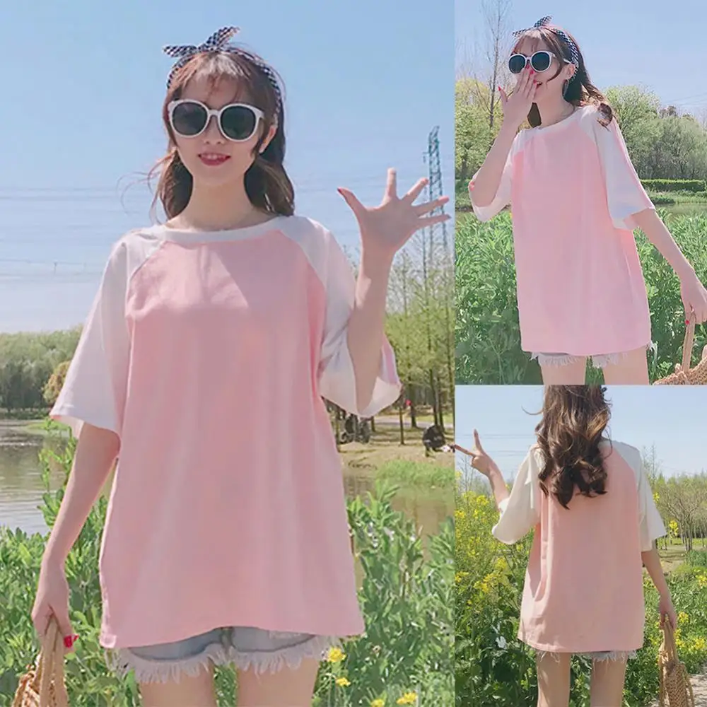 

harajuku Women Summer Basic T Shirts Casual Loose Patchwork O Neck Solid Color Short Sleeves Half Sleeve New Casual T-shirt