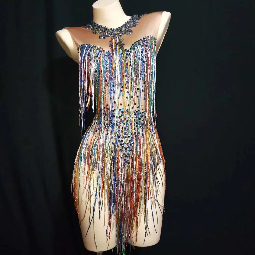 Nightclub Dance Team Costume Sparkly Colorful Crystals Sequins Fringed Sleeve Bodysuit Female Bar Show Elastic Bright Leotard