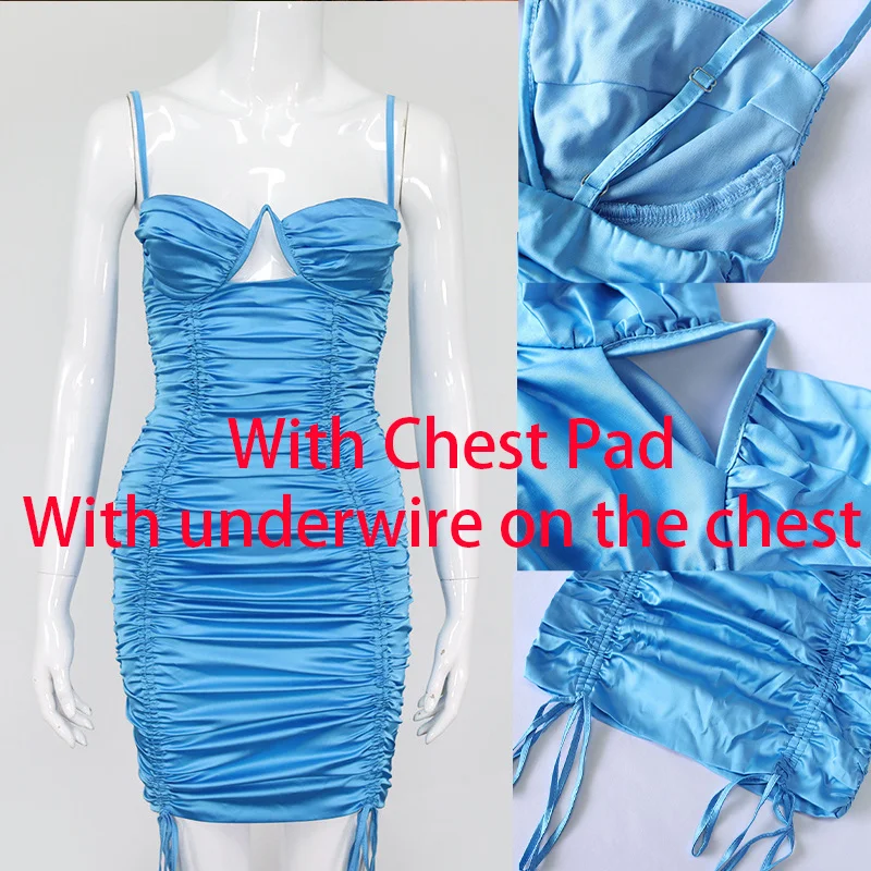 

Giyu Sexy Satin Women Dresses 2021 Autumn Club Party Clothing Backless Spaghetti Strap Drawstring Ruched Slim Bodycon Mini Dress
