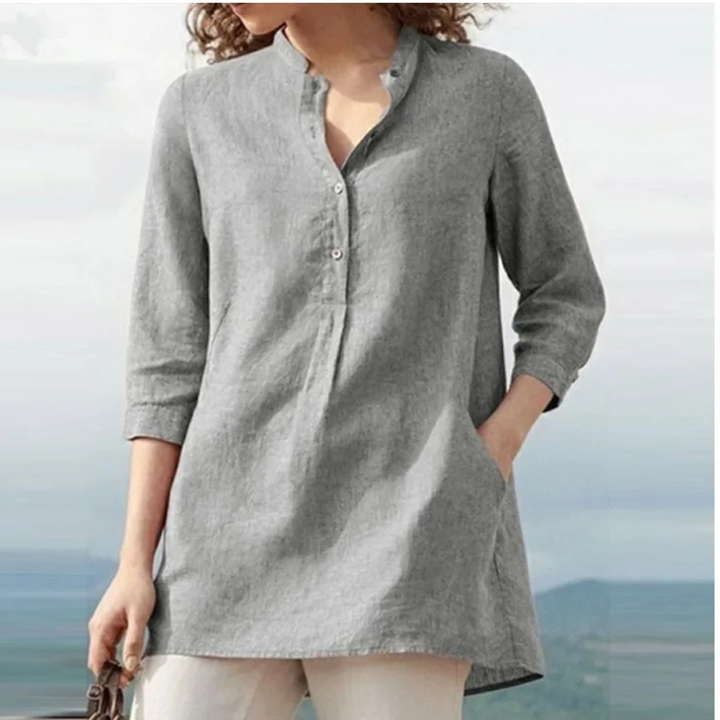 

Vintage Solid 3/4 Sleeve T-Shirt Women Summer Casual Loose Stand-up Collar Buttons Blouse Shirts Fashion Pullover Oversize Tops