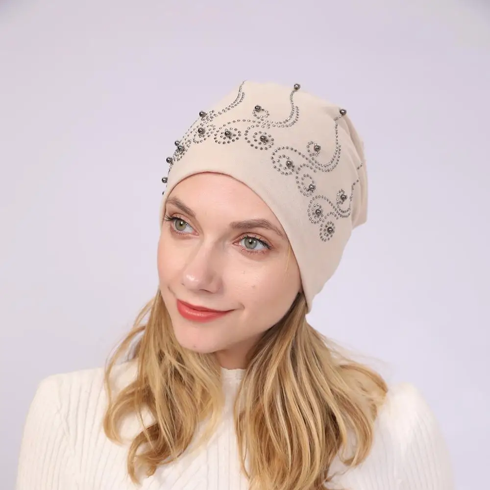 Эластичная мягкая хлопковая шапка тюрбан украшенная бусинами женские шапочки и