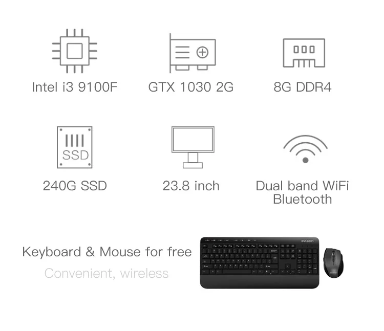 IPASON Mover X 23,8-дюймовый ультратонкий моноблочный компьютер 9th Gen Intel i3-9100F DDR4 8G ram 240G SSD GT1030-2G выделенная карта