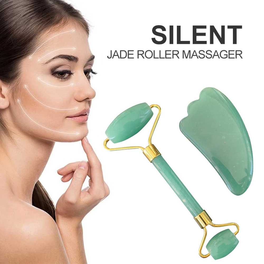 

Green Aventurine Jade Roller Face Massage Gua Sha Board Set Facial Skin Care Treatment SPA Stone Anti Wrinkle Massager Tool