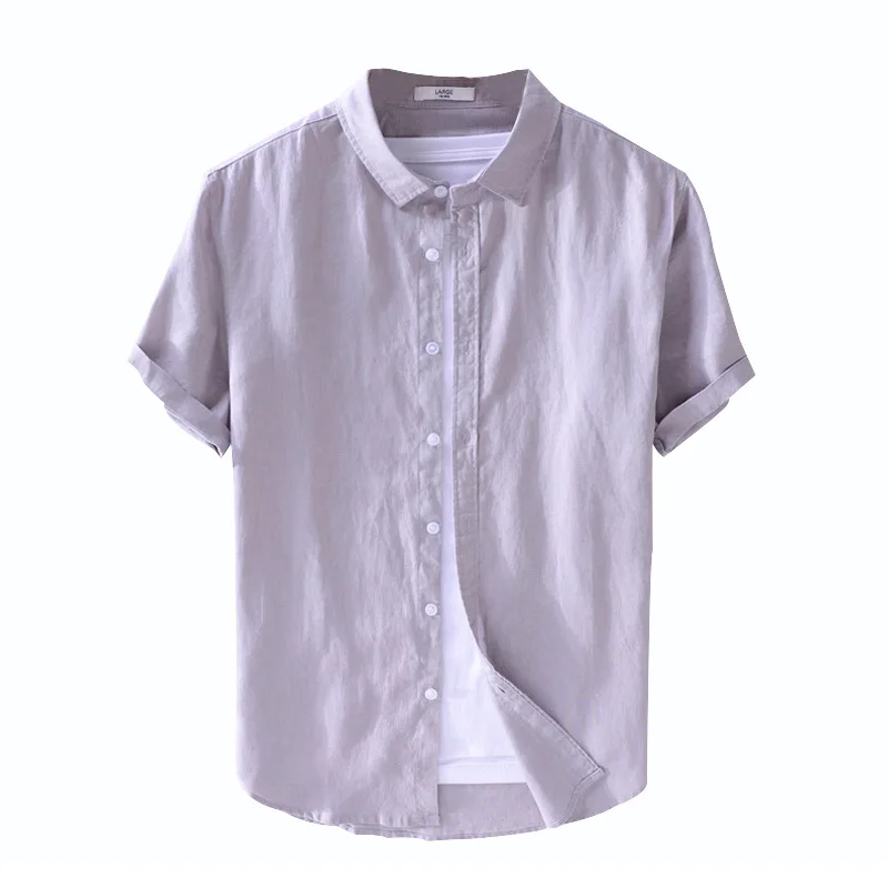 

Summer 2021 Men's Linen Short-Sleeved Shirt Solid Color Simple Casual Loose Linen Shirt