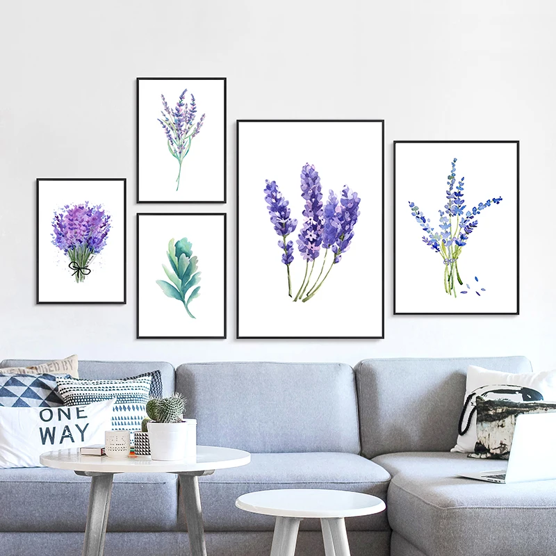 Весеннее зеленое растение фиолетовые Лавандовые листья цветок холст картина с