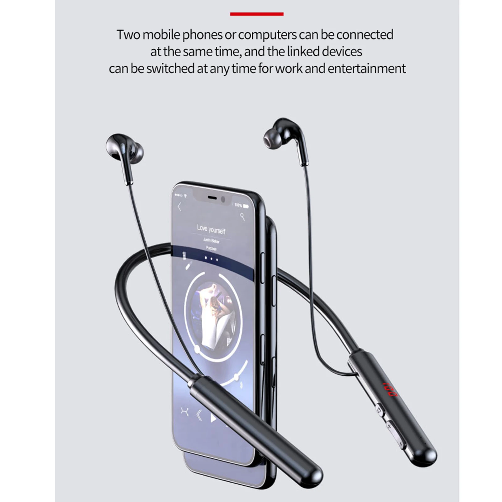 

Bluetooth Wireless Headphones 60 Hours Endurance Sports Earphones Neckband Power LED Display Headset TF Card Magnet with Mic