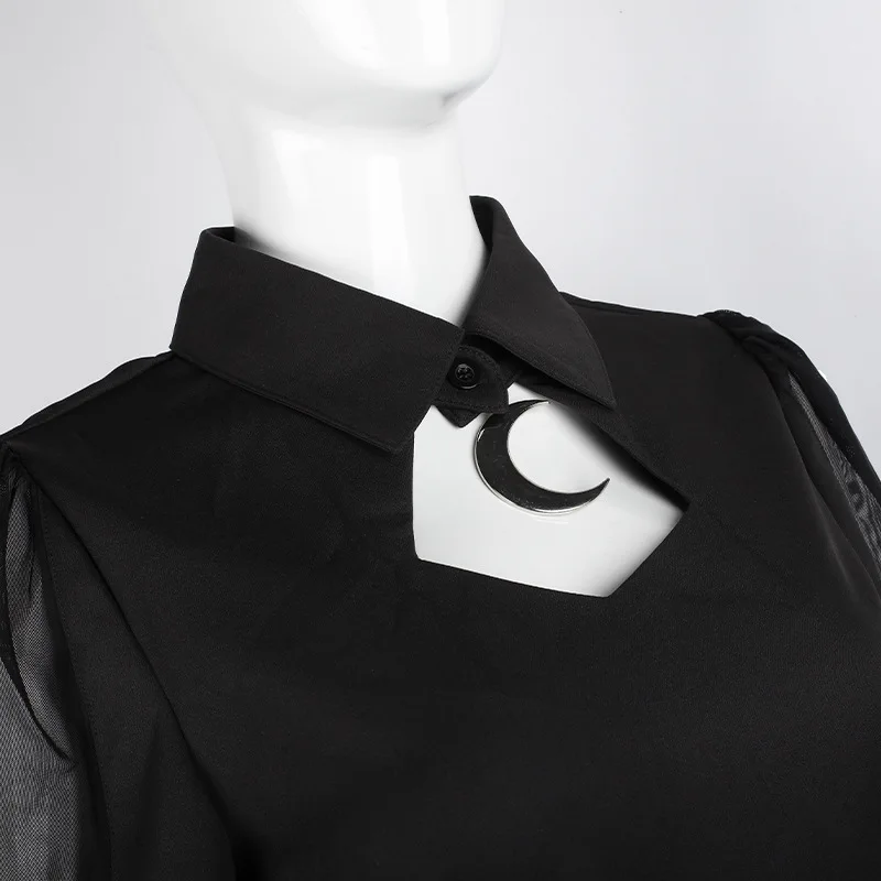 

Punk Gothic Sexy Hollow Out Turn-Down Collar Black Dress Moon Pendant Mesh Patchwork A-Line Dress Vintage High Waist Mini Dress