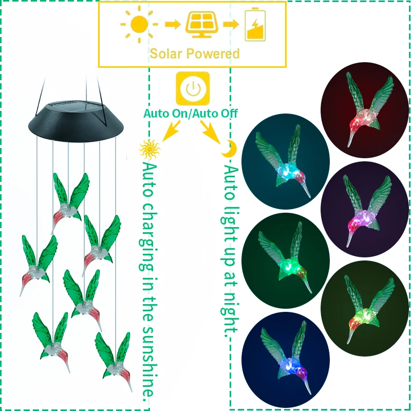

Home Garden Decoration Outdoor Hanging Bell Lamp LED Solar Hummingbird Wind Bell Lamp Colorful Wind Bell Outdoor Waterproof Gard