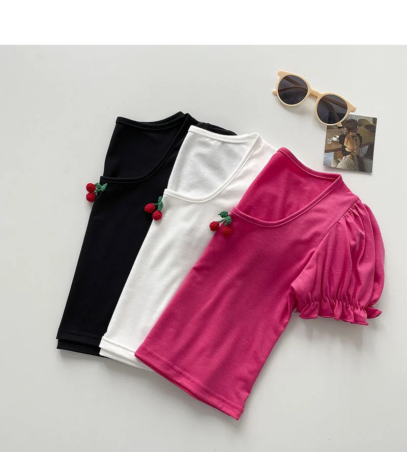 

Summer new style Korean puff sleeve cherry t-shirt women