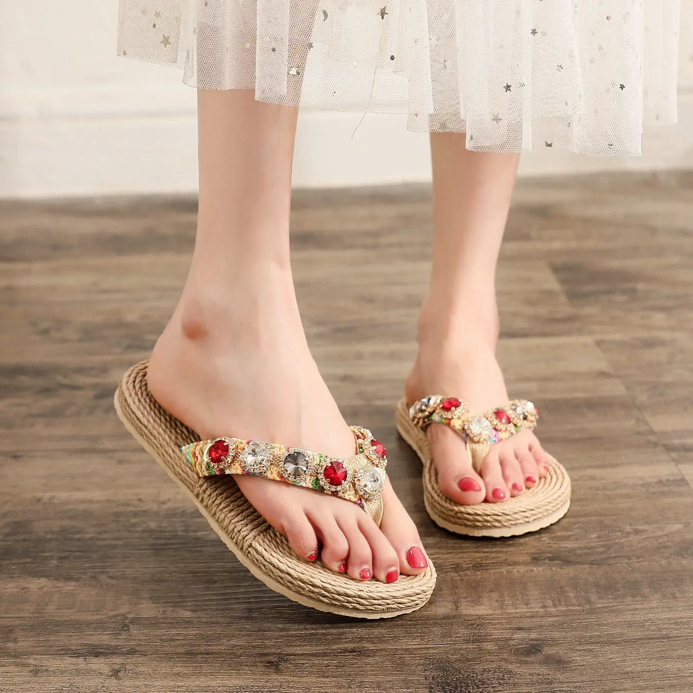 

Women's Slippers Thick Heel Flip-Flops 2021 Summer Versatile Fashion Rhinestone Non-Slip Beach Shoes Women's Sandals plus size