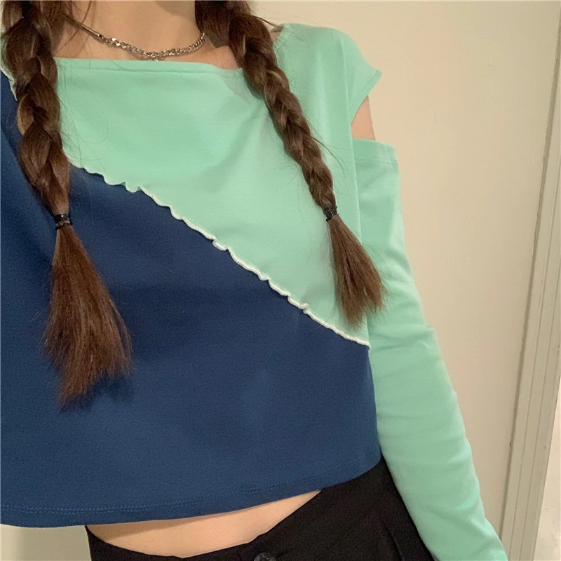 

Autumn Patchwork Design Top for Women Punk Style Long Sleeve T-shirt Street Casual Wear Tees Female Harajuku