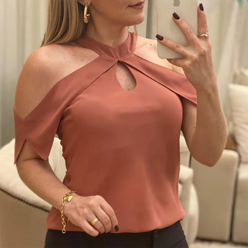 

2021 Female Causal Summer Sexy Tee Shirts Cold Shoulder Round Neck Cutout Front Short Sleeve Top T-shirts For Tees