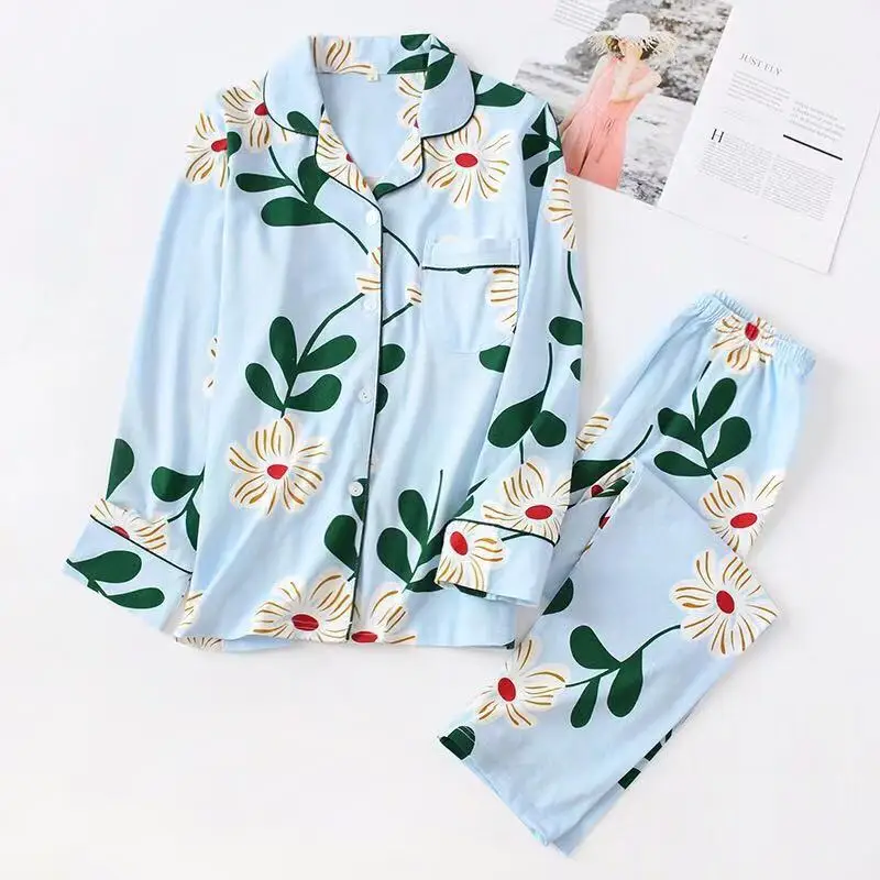 Женский пижамный комплект Новинка осени 100% хлопковый со штанами с длинными