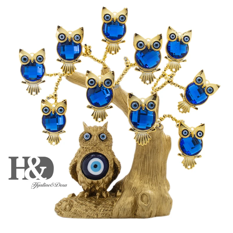Owl Style Gold Tree H& D Fengshui голубое сглаза дерево для защиты денег богатство достижения удачу Рождественский подарок домашний Декор Орнамент демонстрационная смола - Цвет: Owl Style Gold Tree