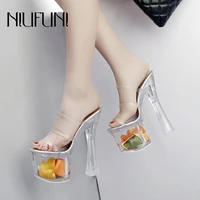 niufuni transparent crystal shoes womens pumps slippers 18cm thick high heels platform slides open toe flower wedding sandals