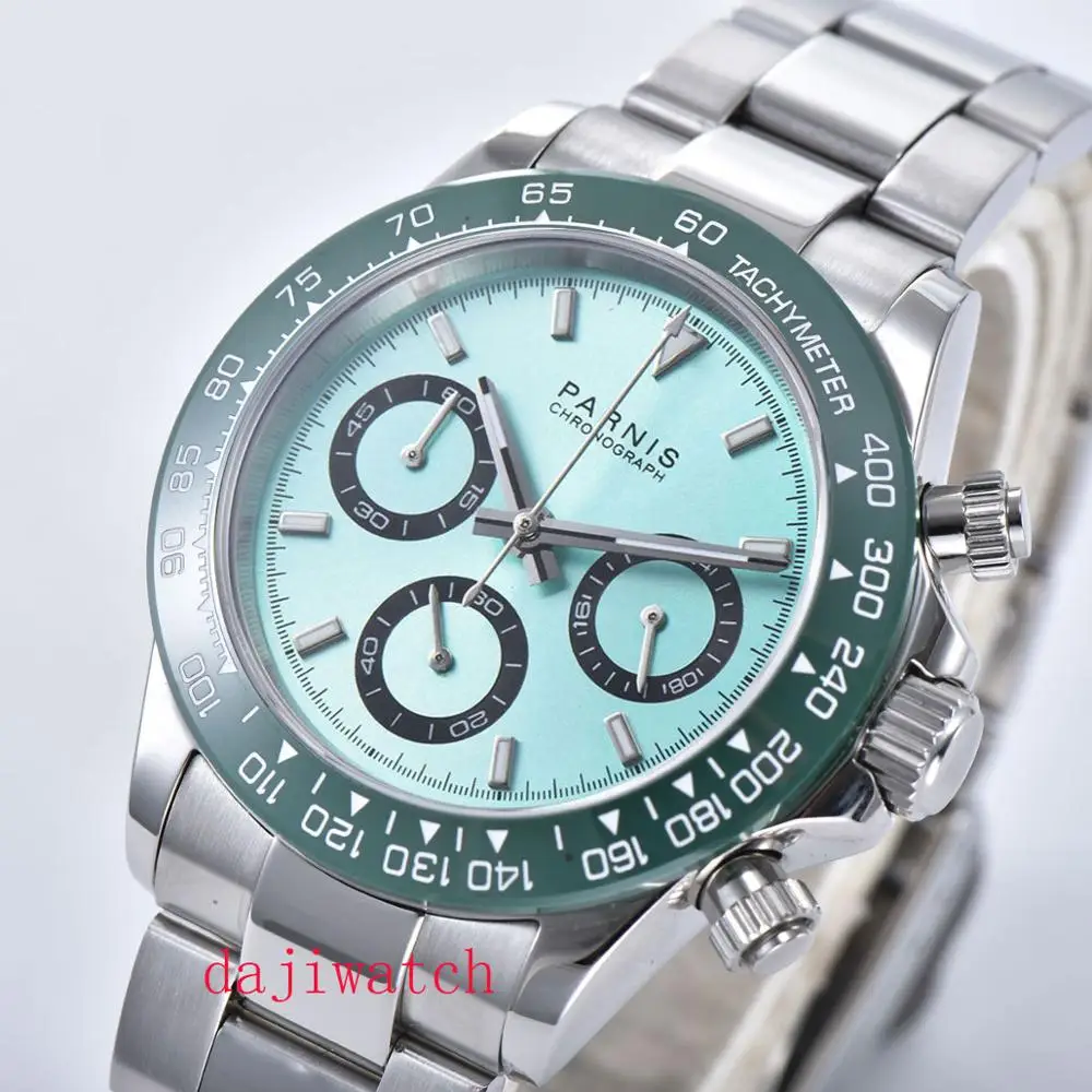 39 мм PARNIS Зеленый циферблат чистый сапфировый кристалл полный хронограф