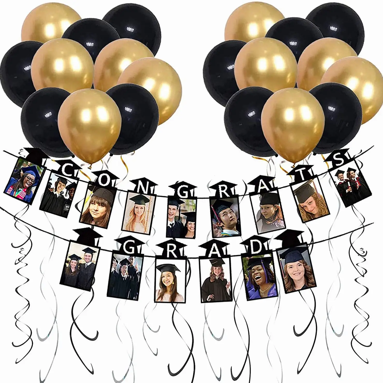 

JOLLYBOOM 2022 Graduation Photo Clip Balloon Set with Photo Frame Banner Black Gold Latex Balloon for Graduation Party Supplies