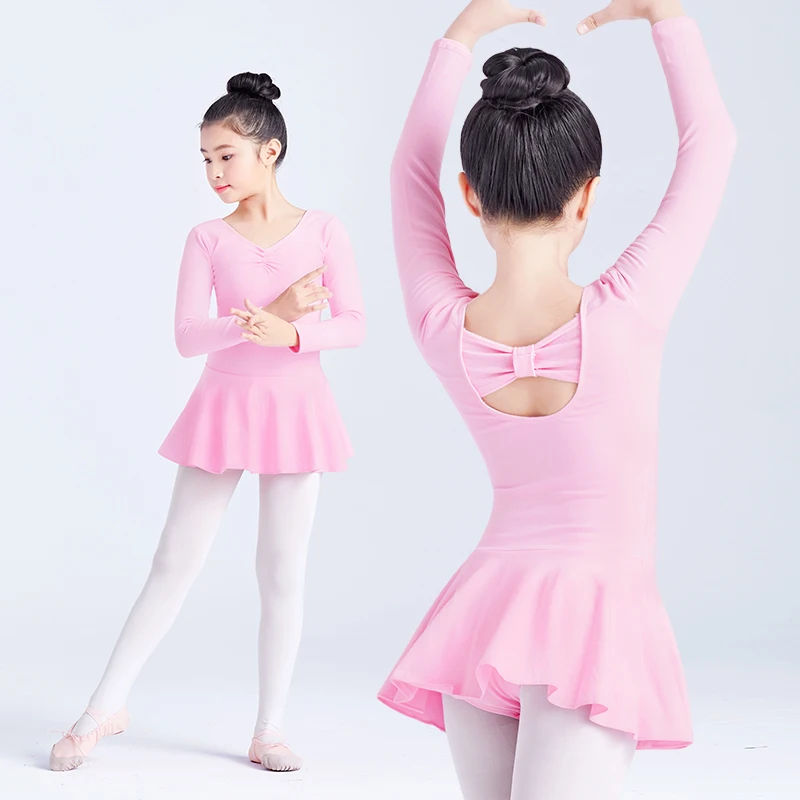 Leotardos de Ballet para niñas, vestido de baile con lazo, leotardos gimnásticos de manga larga para niños, monos de gimnasia de algodón rosa