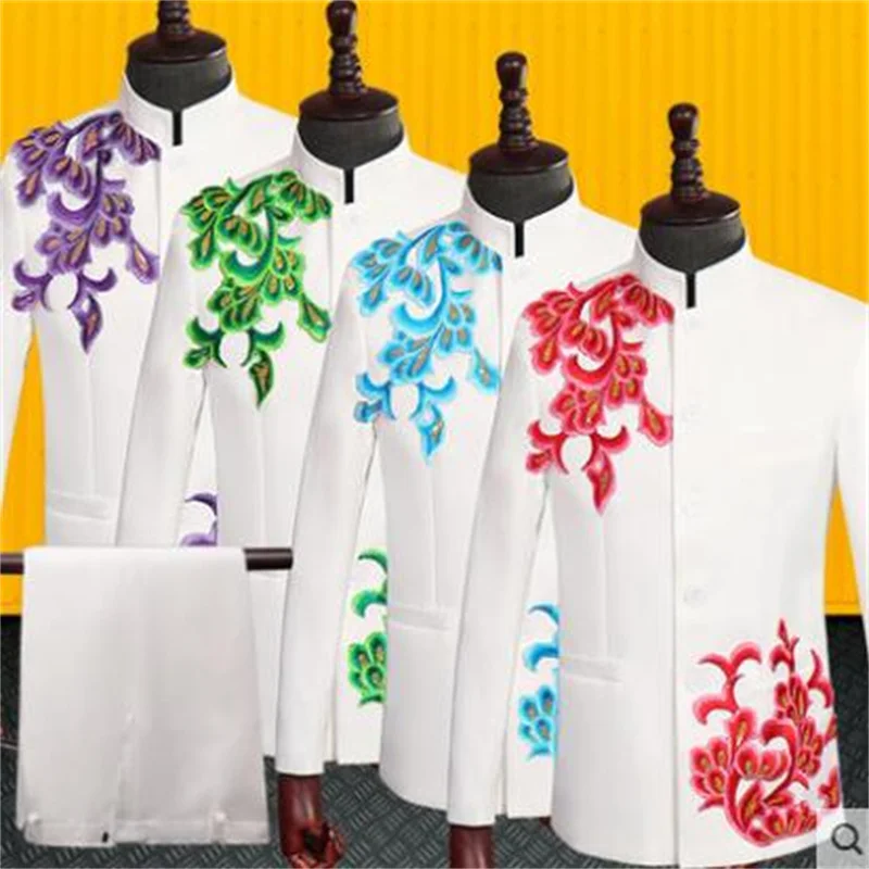 Blazer men Chinese tunic suit set with pants mens suits embroidered stand collar singer star style stage clothing formal dress