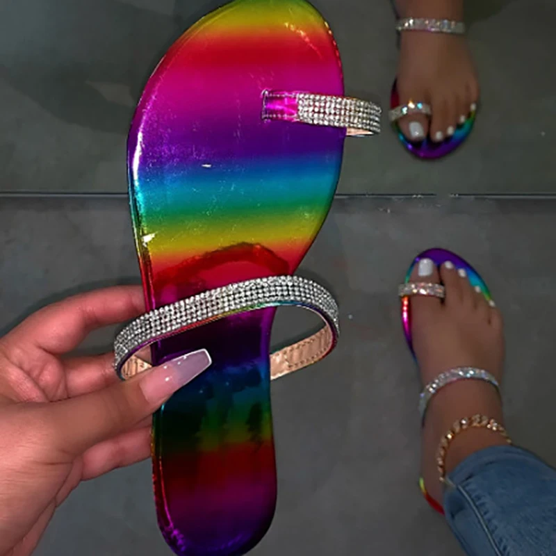 

Women's Slippers Comfortable Handmade Stitching Colorful Rainbow Leopard Flat Fashion Summer Sexy Rhinestones Plus Size Sandals