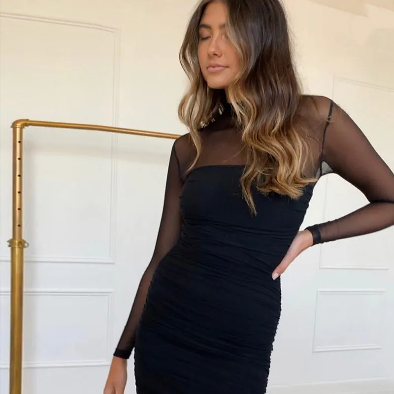 Женское Сетчатое платье HUAN черное облегающее с длинным рукавом обтягивавечерние