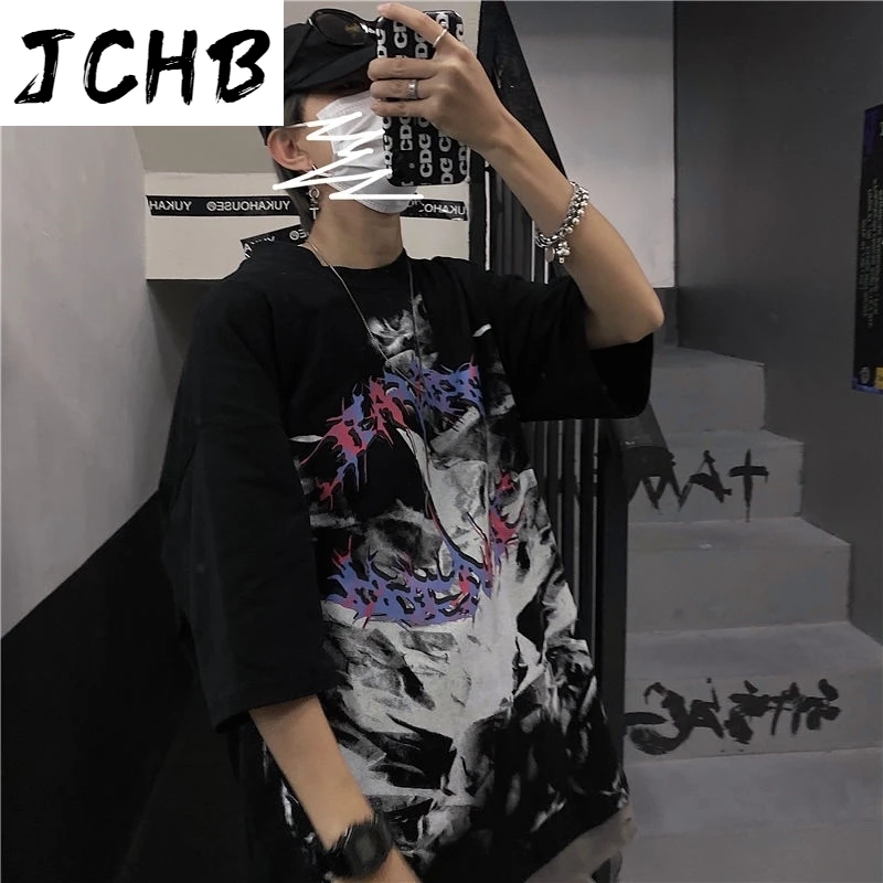 

2021 Couples Dark Graffiti T-shirts Loose Streetwear Harajuku Print Summer Female Short Sleeve Casual Vintage Three Quarter Slee