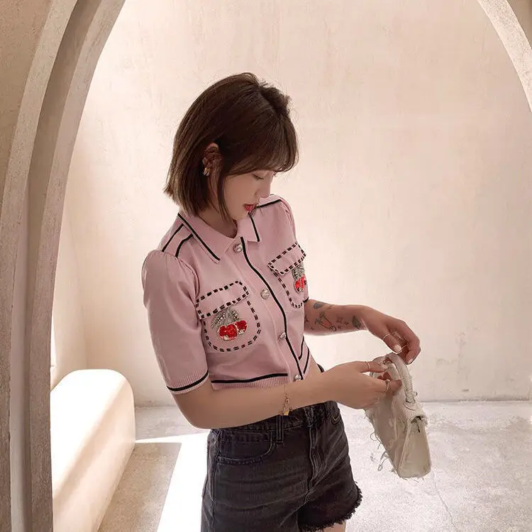 

2021 summer fashion short sleeve shirt with diamond
