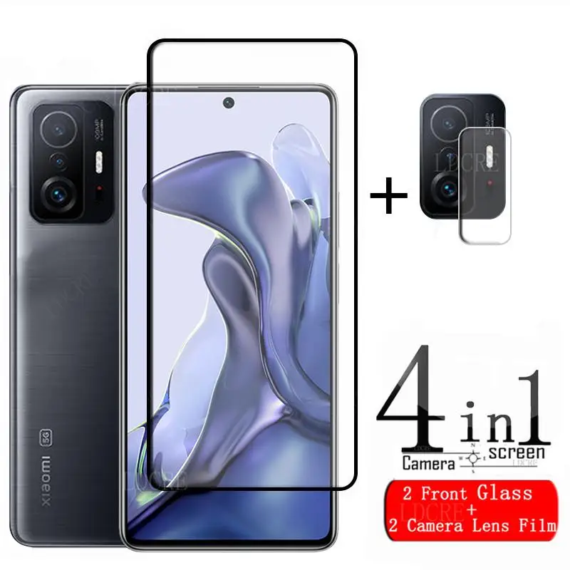 Cristal Protector 4 en 1 para Xiaomi Mi 11T, Protector de pantalla de pel&iacute;cula de tel&eacute;fono con pegamento de cobertura completa HD para Mi 11T, cristal de lente-0