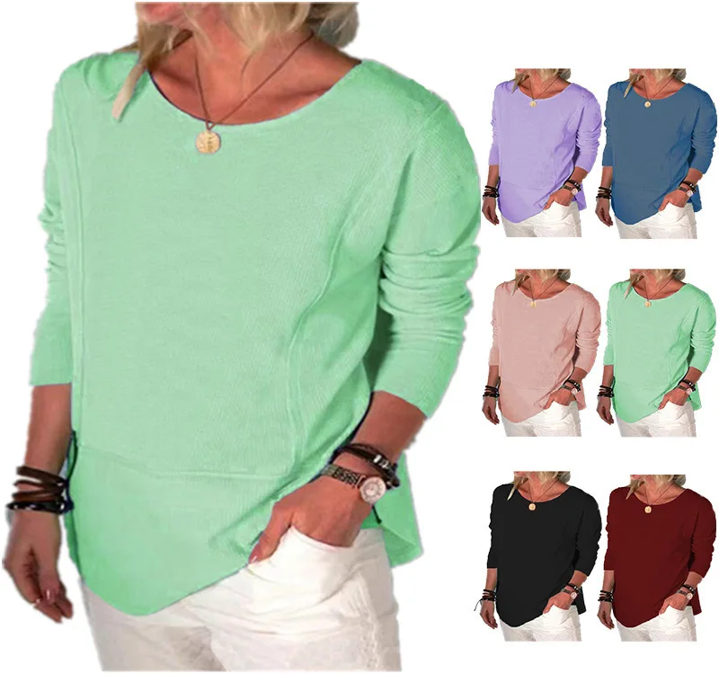 

Женская трикотажная футболка с круглым вырезом и длинным рукавом