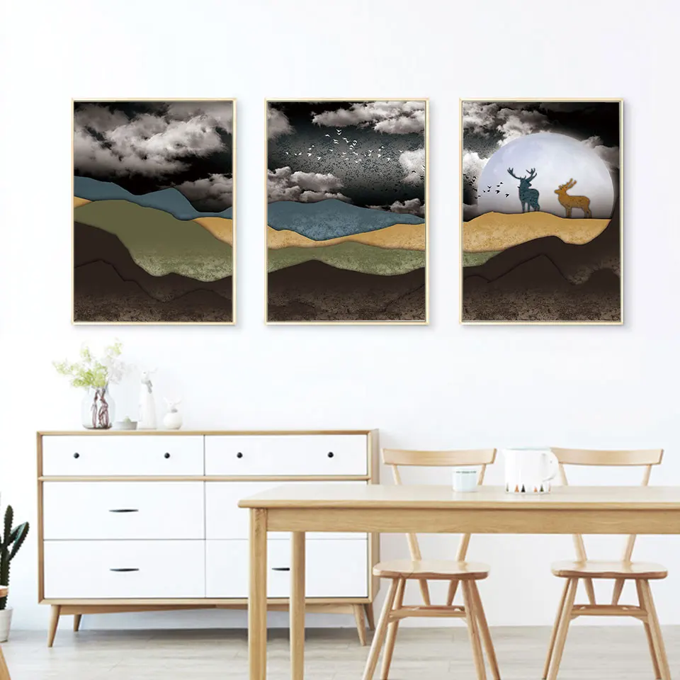 Абстрактный постер с изображением гор оленей холста картина темные облака