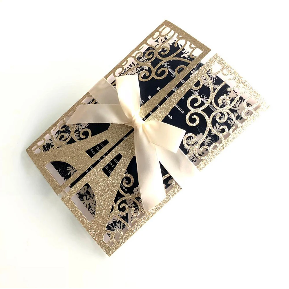 10pcs/set Glitter Embossing Invitation Cards 15*15CM for wedding business party Paris tower greeting card customized supplies