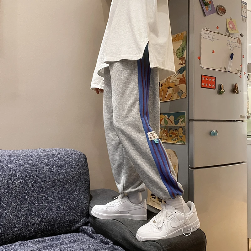 

Sports Pants Colorful Stripe Splice Hong Kong Style Loose Casuals 2021 Summer Cool Pants
