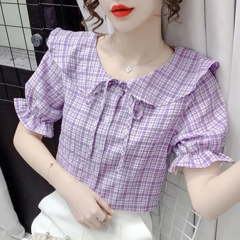 

С воротником в кукольном стиле рубашка в клетку для женщин 2021 Новинка, летняя обувь с бантиком свободные и тонкие Кружевная блуза футболка с...