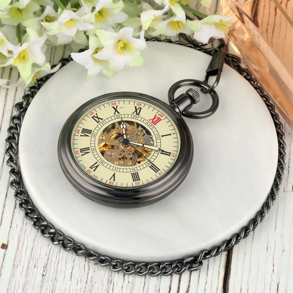 Roman Numerals Display Automatic Mechanical Pocket Watch Open Face Pendant Self Winding Mechanical Pocket Clock Vintage Gifts
