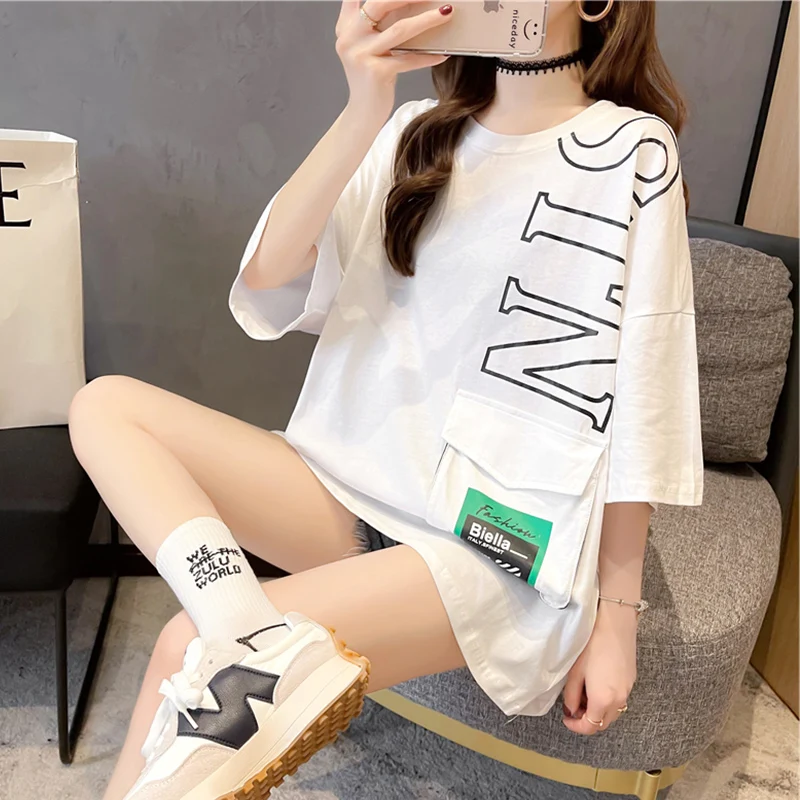 

#1206 Black White Neon Yellow Streetwear T-shirt Women Big Pockets Loose Letters Printed Hip Hop T-shirt Cotton Harajuku Summer