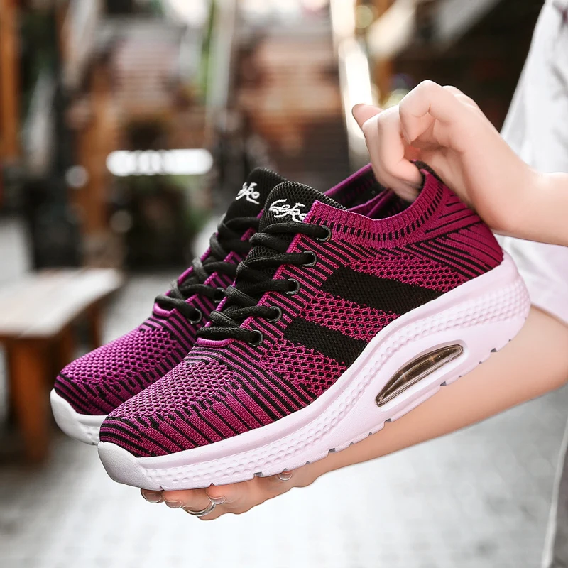 

Women's Breathable Air Mesh Ankle Swing Shoes Lace Up Casual Sneakers Wedges Height Increase Platform Shoes for Female