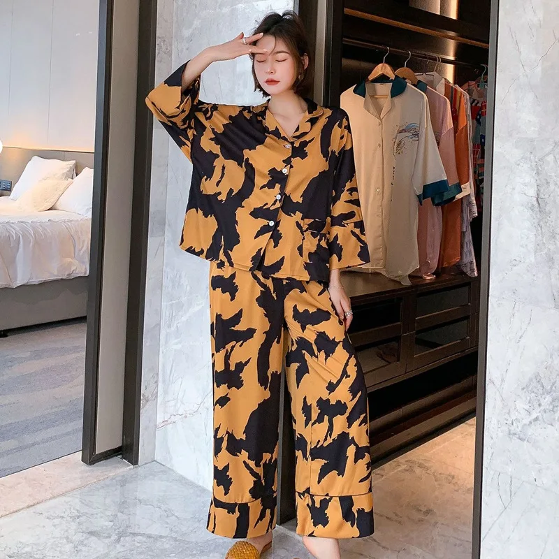 

Fiklyc Floral Printed Sexy Women's Outwear Ice Silk Long Pants Sleeve Spring Pajamas Sets New 2021 Vogue Nightwear Pijamas Hot