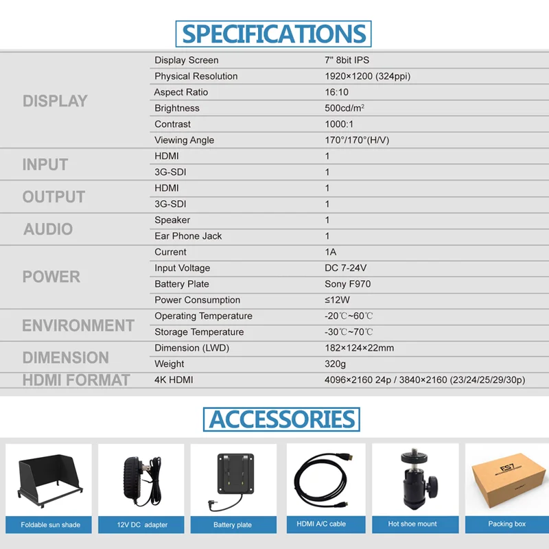 Монитор Lilliput FS7 3G SDI 4K HDMI DSLR монитор 7 дюймов ЖК IPS Full HD 1920x1200 портативный на камеру