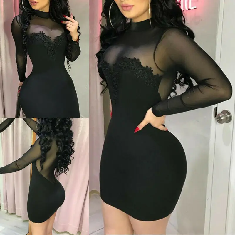 

Sexy Women's Bandage Bodycon Long Sleeve Solid Turtleneck Lace Hollow Evening Party Cocktail Club Short Mini Pencil Dress